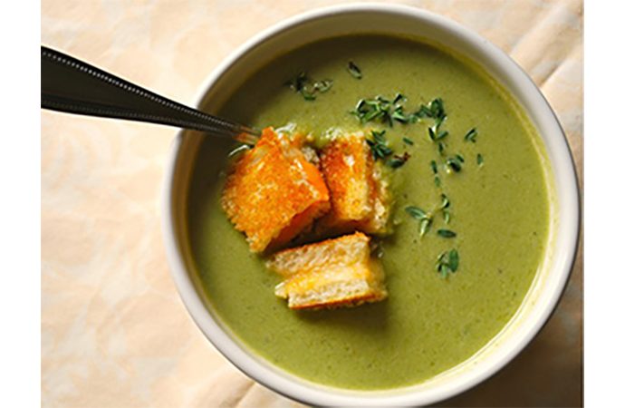 Creamy Asparagus Soup with Grilled Cheese Croutons