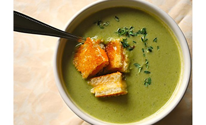 Creamy Asparagus Soup with Grilled Cheese Croutons