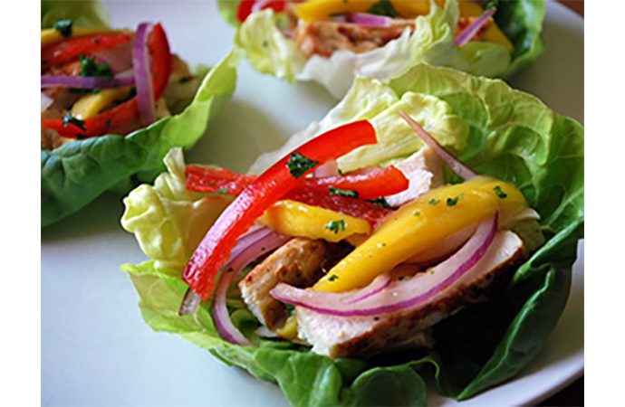 Grilled Chicken Lettuce Wraps with Mango Slaw