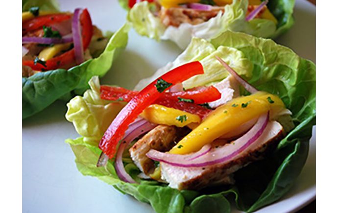 Grilled Chicken Lettuce Wraps with Mango Slaw