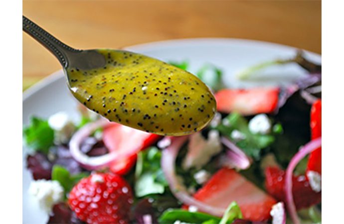 Baby Greens, Strawberry and Goat Cheese Salad with Mango Poppy Seed Dressing