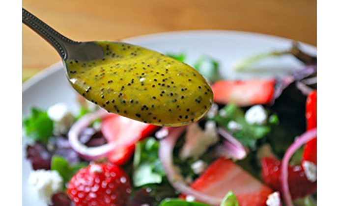 Baby Greens, Strawberry and Goat Cheese Salad with Mango Poppy Seed Dressing