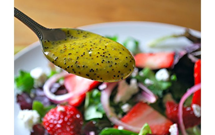 Baby Greens, Strawberry and Goat Cheese Salad with Mango Poppy Seed Dressing