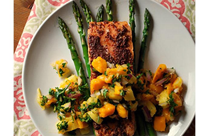 Jerk Salmon with Mango-Pineapple Salsa