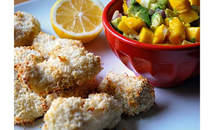 Yogurt-Marinated Fish Sticks with Avocado Mango Salsa
