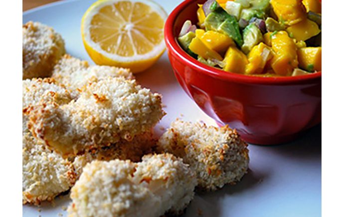 Yogurt-Marinated Fish Sticks with Avocado Mango Salsa
