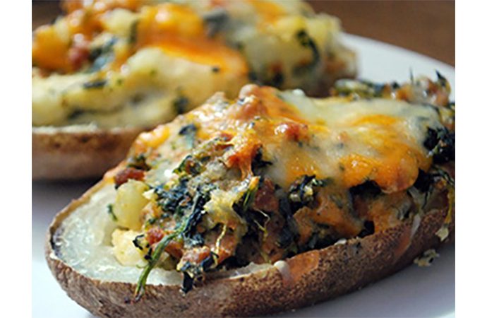 Twice-Baked Potato with Spinach and Sausage