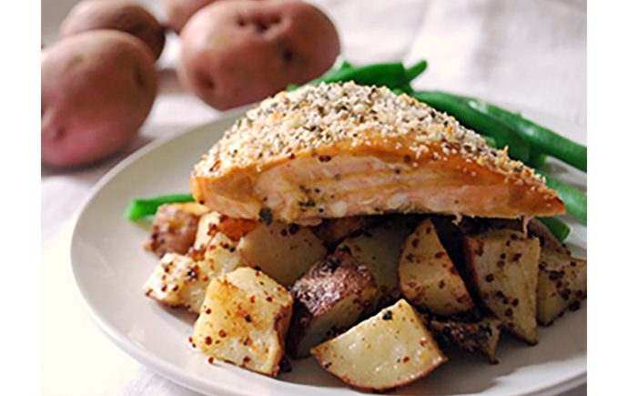 Mustard-Roasted Red Potatoes with Baked Salmon